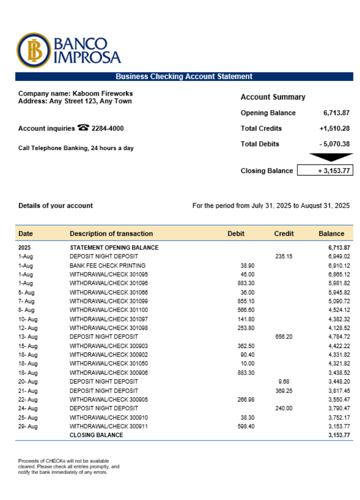 Modèle Word et PDF de relevé de compte de la banque Costa Rica Banco Improsa